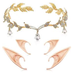 Gold Elf Tiara Crown with Clear Gem & 2 Pairs Elf Ears Fairy Cosplay Costume